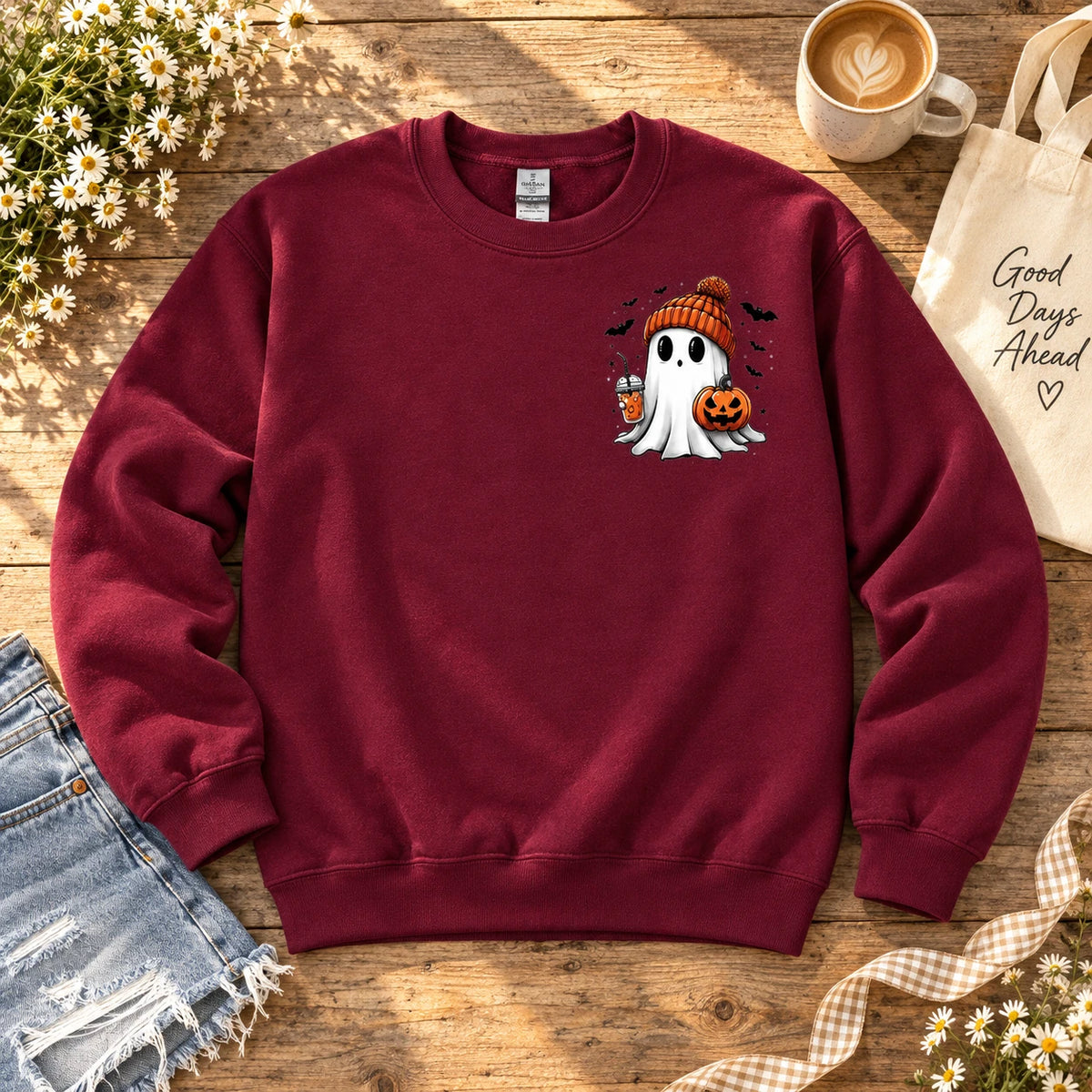 Cute Ghost Halloween Sweatshirt, Pumpkin Beanie Ghost