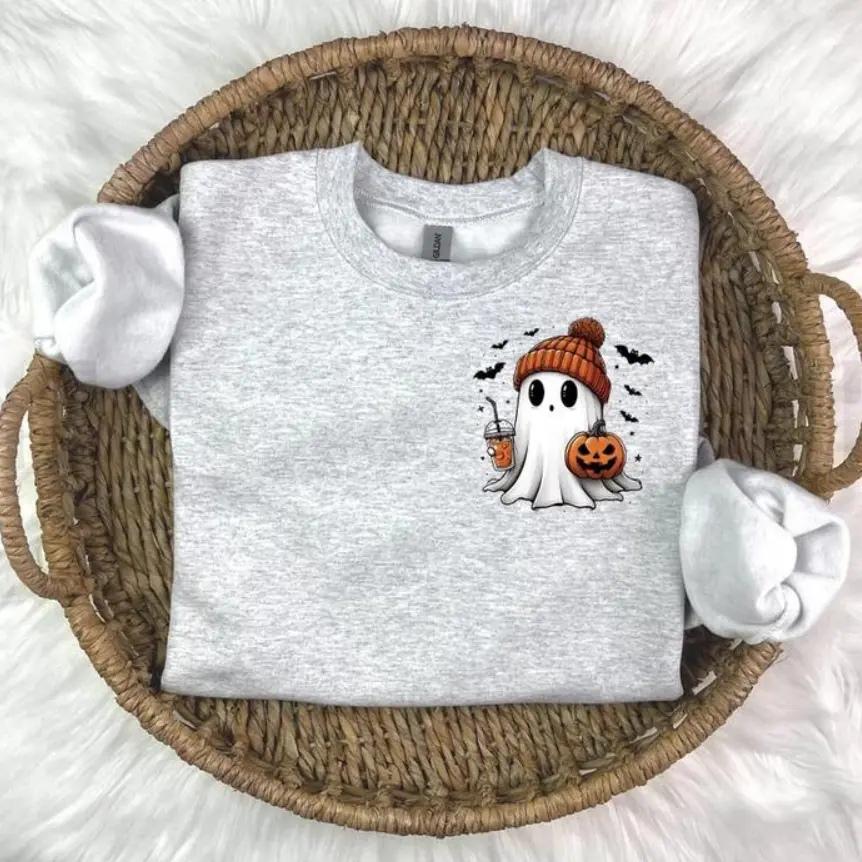 Cute Ghost Halloween Sweatshirt, Pumpkin Beanie Ghost