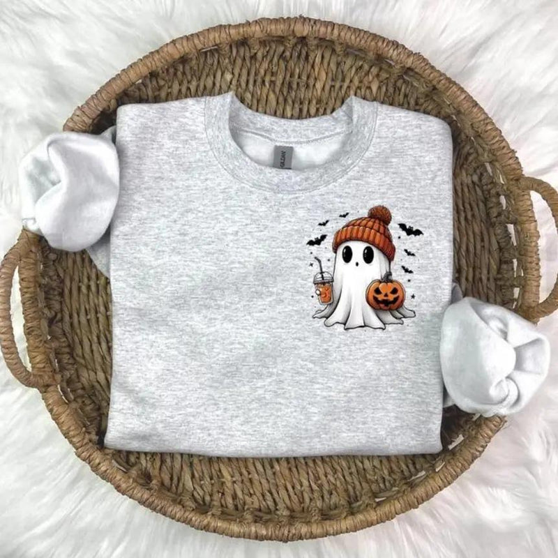 Cute Ghost Halloween Sweatshirt, Pumpkin Beanie Ghost
