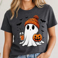 Cute Ghost Halloween T-Shirt, Cozy Ghost Pumpkin Drink Design, Spooky Season Women Cute Graphic