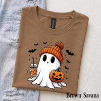 Cute Ghost Halloween T-Shirt, Cozy Ghost Pumpkin Drink Design, Spooky Season Women Cute Graphic