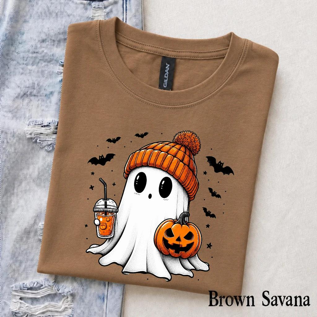 Cute Ghost Halloween T-Shirt, Cozy Ghost Pumpkin Drink Design, Spooky Season Women Cute Graphic