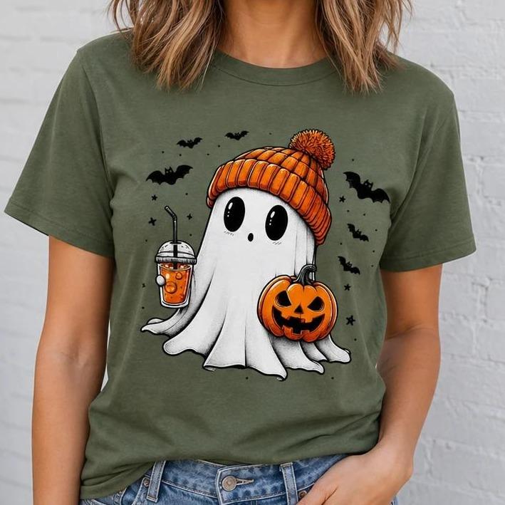 Cute Ghost Halloween T-Shirt, Cozy Ghost Pumpkin Drink Design, Spooky Season Women Cute Graphic