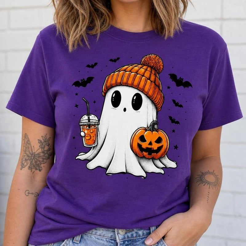 Cute Ghost Halloween T-Shirt, Cozy Ghost Pumpkin Drink Design, Spooky Season Women Cute Graphic
