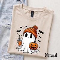 Cute Ghost Halloween T-Shirt, Cozy Ghost Pumpkin Drink Design, Spooky Season Women Cute Graphic