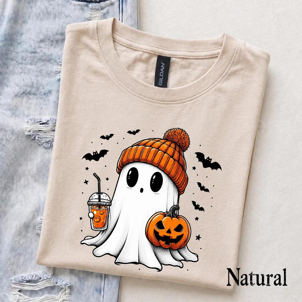 Cute Ghost Halloween T-Shirt, Cozy Ghost Pumpkin Drink Design, Spooky Season Women Cute Graphic
