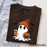 Cute Ghost Halloween T-Shirt, Cozy Ghost Pumpkin Drink Design, Spooky Season Women Cute Graphic