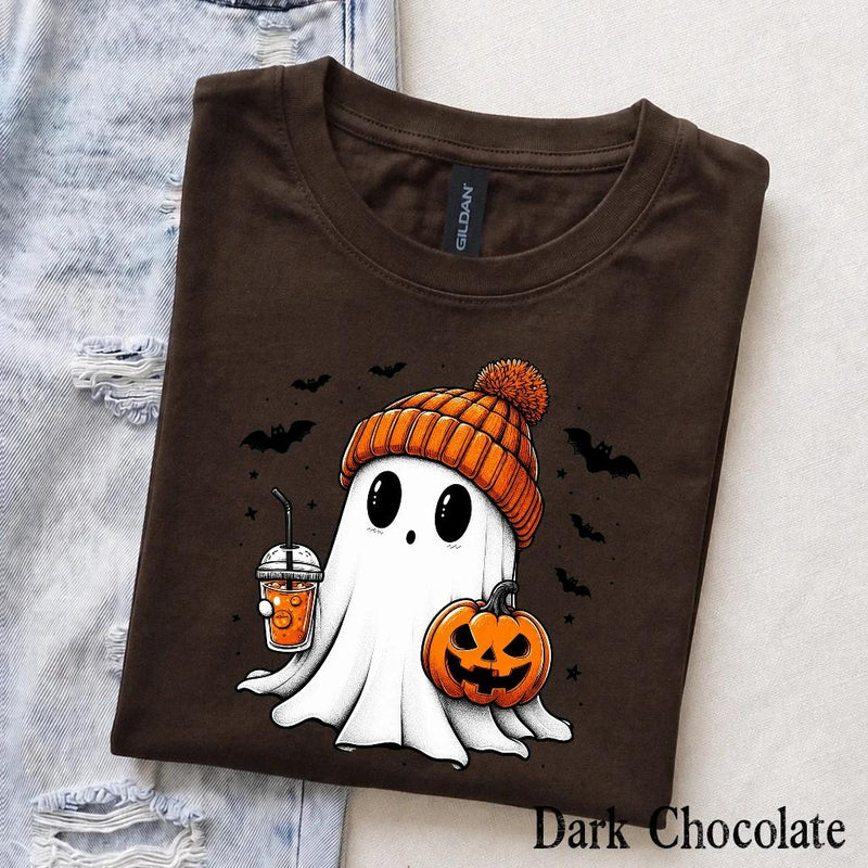 Cute Ghost Halloween T-Shirt, Cozy Ghost Pumpkin Drink Design, Spooky Season Women Cute Graphic