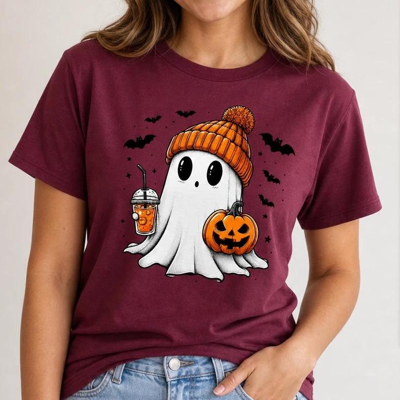 Cute Ghost Halloween T-Shirt, Cozy Ghost Pumpkin Drink Design, Spooky Season Women Cute Graphic