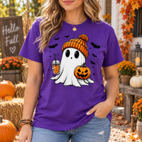 Cute Ghost Halloween T-Shirt for Women, Pumpkin Drink Fall Graphic Tee