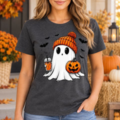 Cute Ghost Halloween T-Shirt for Women, Pumpkin Drink Fall Graphic Tee