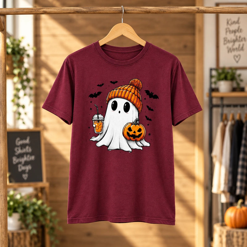 Cute Ghost Halloween T-Shirt for Women, Pumpkin Drink Fall Graphic Tee