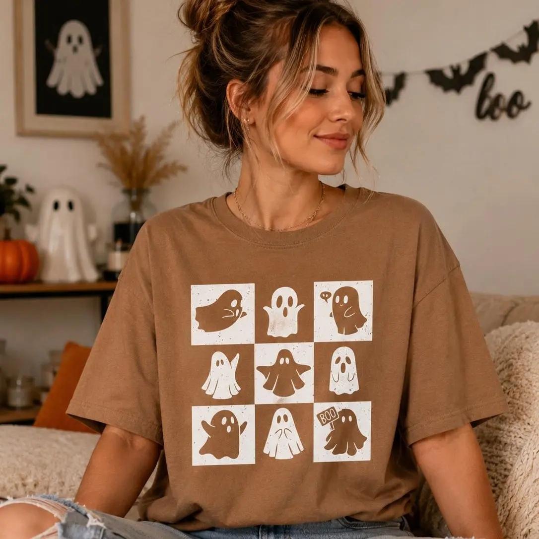 Cute Ghost Halloween T-Shirt Spooky Season Ghost Lover Fall Aesthetic Women Retro