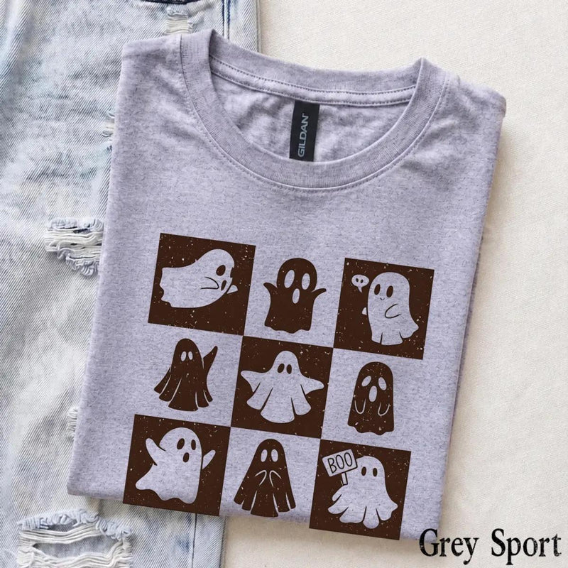 Cute Ghost Halloween T-Shirt Spooky Season Ghost Lover Fall Aesthetic Women Retro