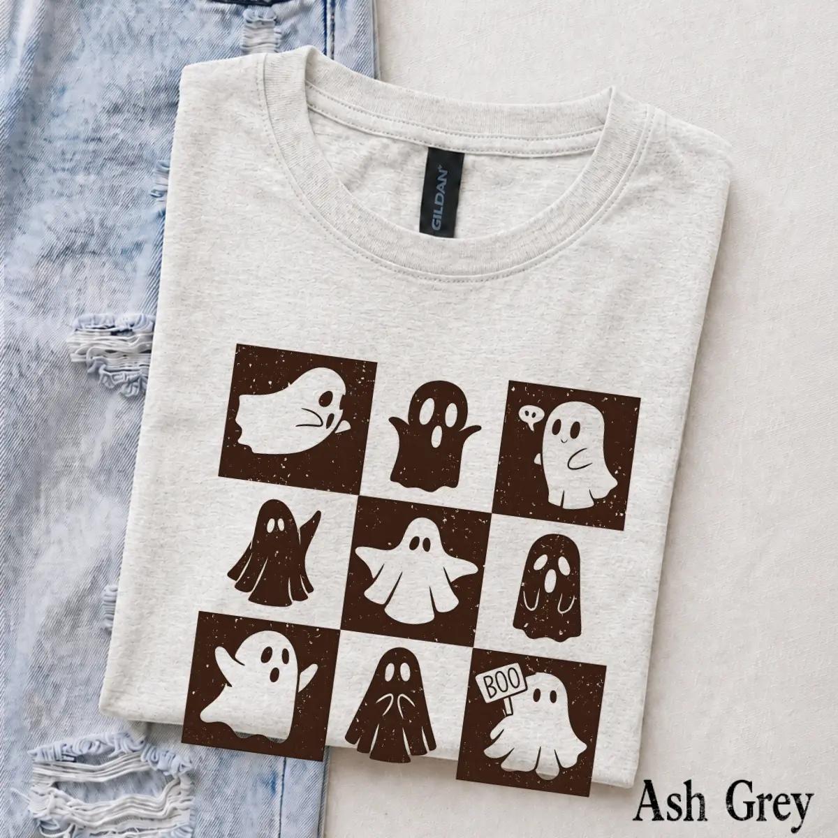 Cute Ghost Halloween T-Shirt Spooky Season Ghost Lover Fall Aesthetic Women Retro