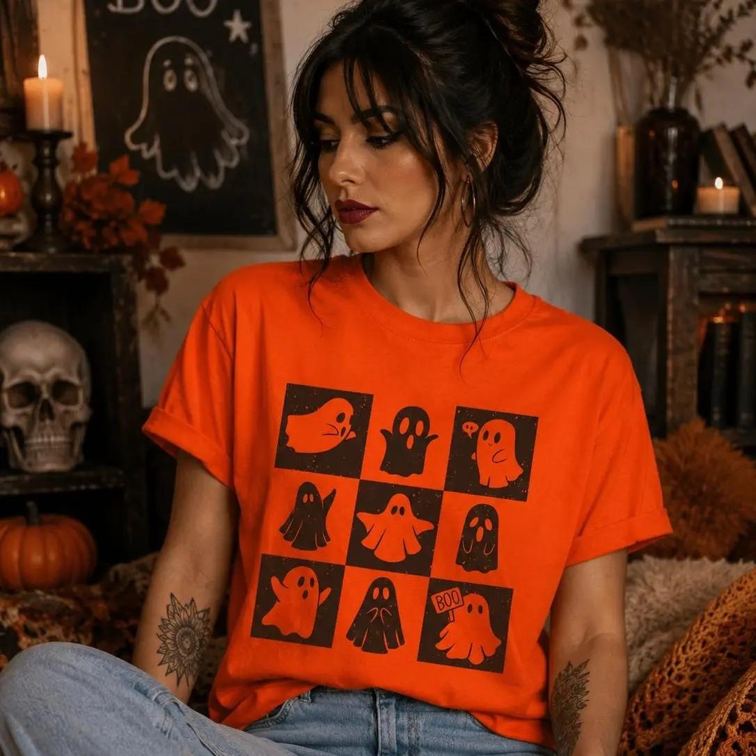 Cute Ghost Halloween T-Shirt Spooky Season Ghost Lover Fall Aesthetic Women Retro