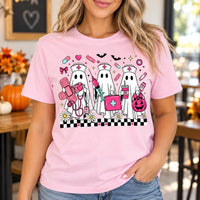 Cute Ghost Nurse Squad Graphic T-Shirt Women's Halloween Medical Crew Short Sleeve Tee