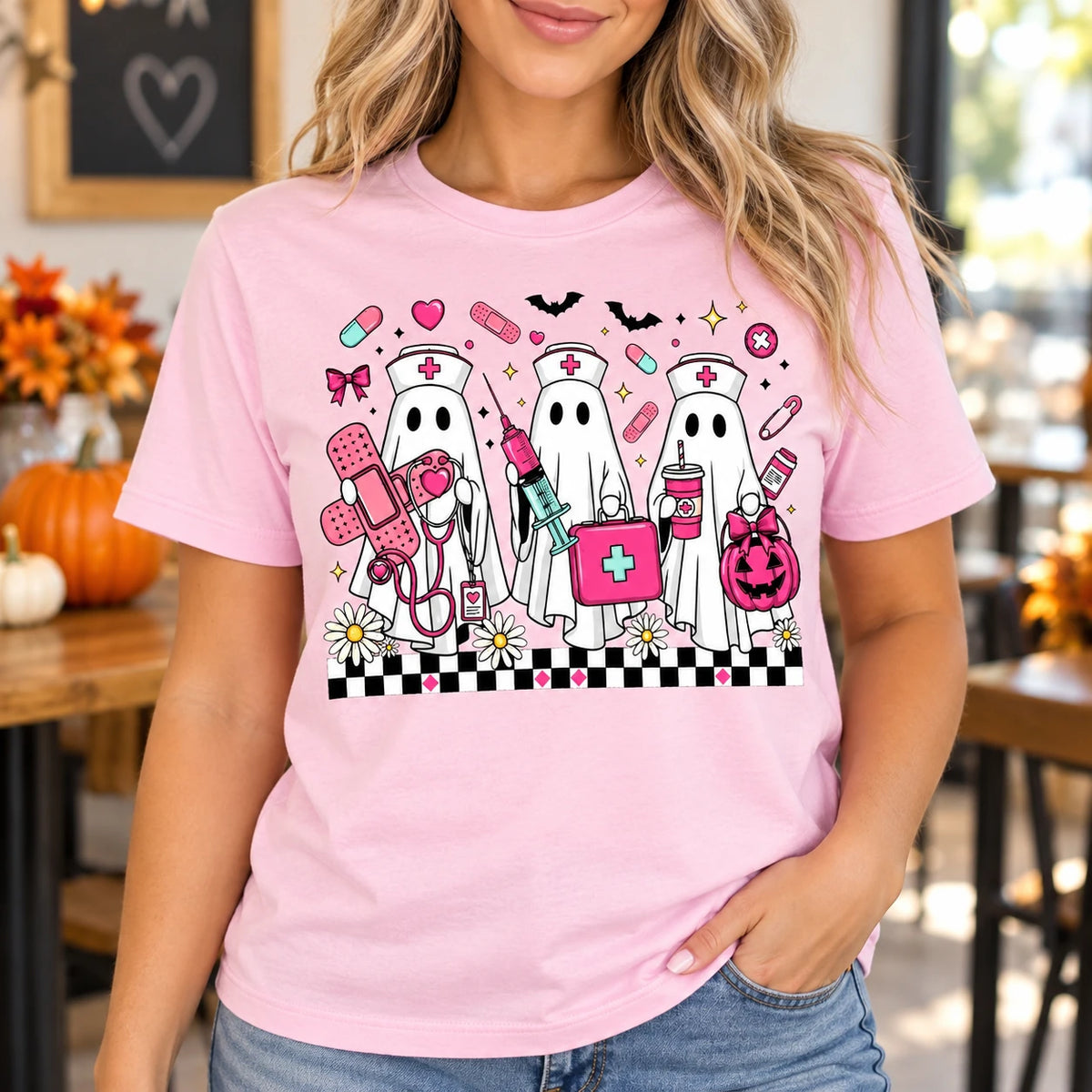 Cute Ghost Nurse Squad Graphic T-Shirt Women's Halloween Medical Crew Short Sleeve Tee