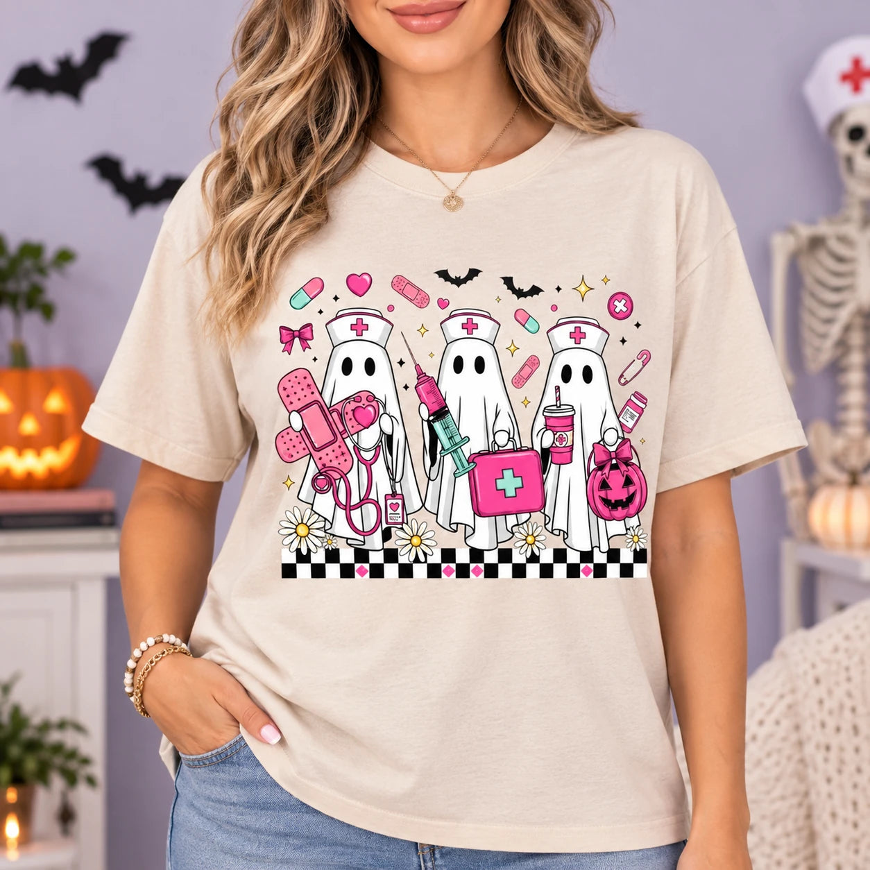 Cute Ghost Nurse Squad Graphic T-Shirt Women's Halloween Medical Crew Short Sleeve Tee