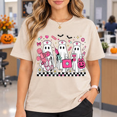 Cute Ghost Nurse Squad Graphic T-Shirt Women's Halloween Medical Crew Short Sleeve Tee