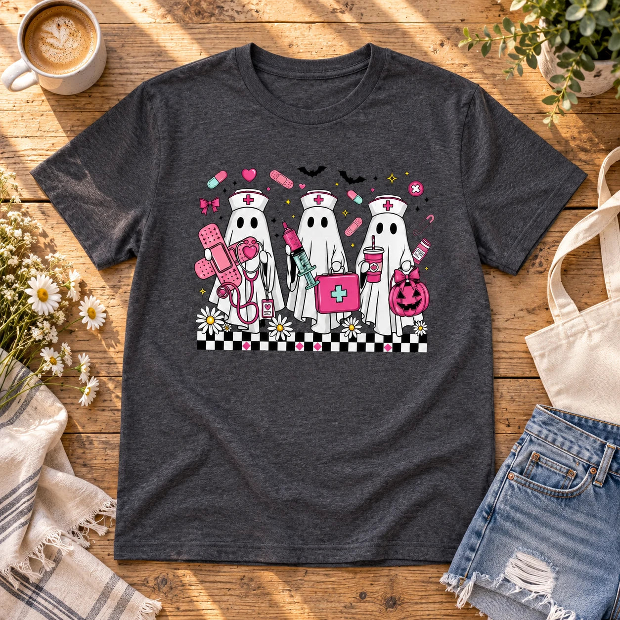 Cute Ghost Nurse Squad Graphic T-Shirt Women's Halloween Medical Crew Short Sleeve Tee