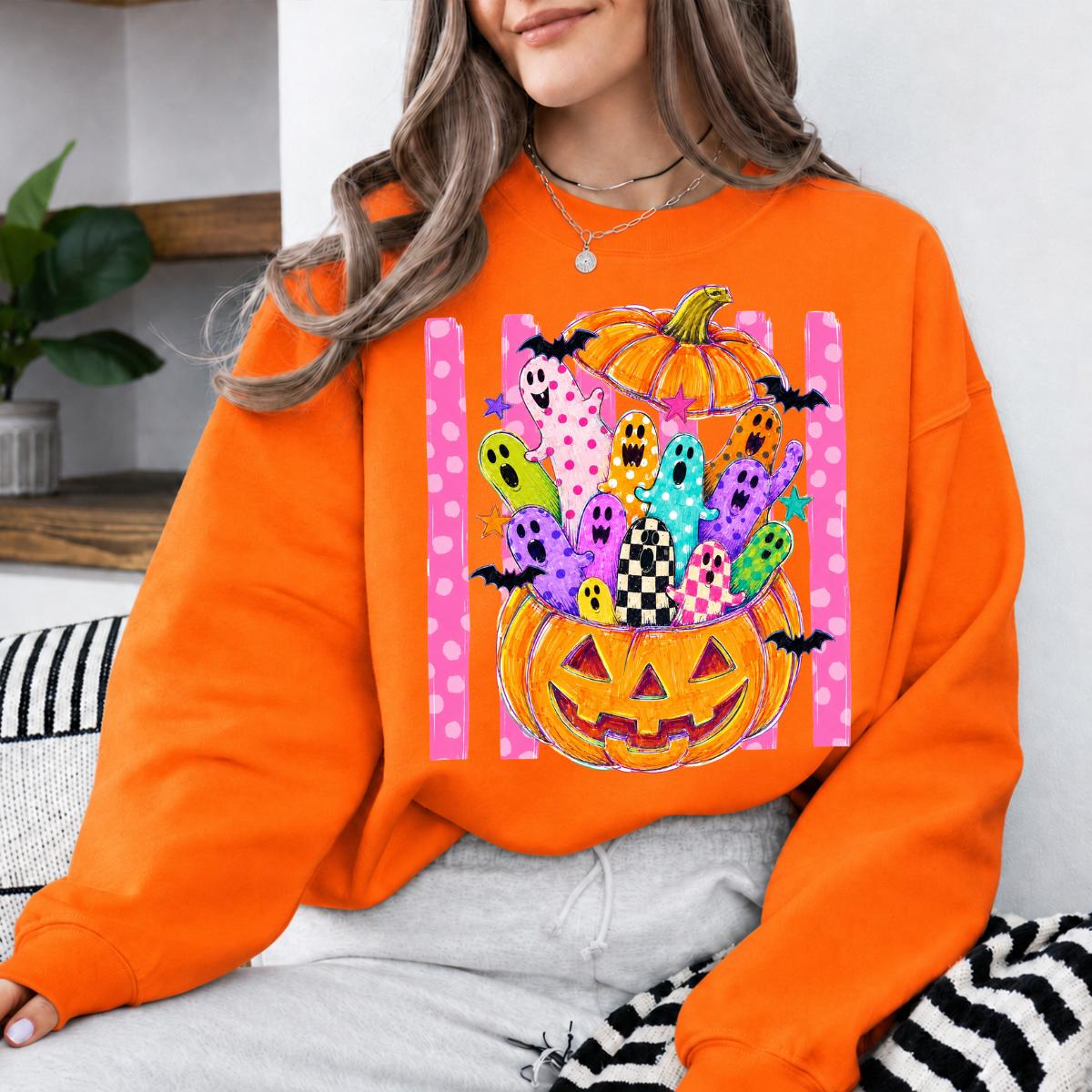 Cute Ghost Pumpkin Colorful Spooky Ghosts Sweatshirt and T-Shirt Halloween Fall Unisex Retro Cute