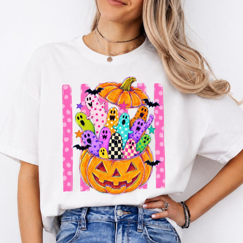 Cute Ghost Pumpkin Colorful Spooky Ghosts Sweatshirt and T-Shirt Halloween Fall Unisex Retro Cute