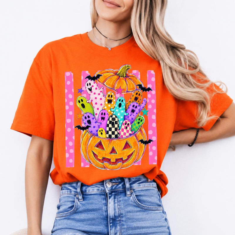 Cute Ghost Pumpkin Colorful Spooky Ghosts Sweatshirt and T-Shirt Halloween Fall Unisex Retro Cute