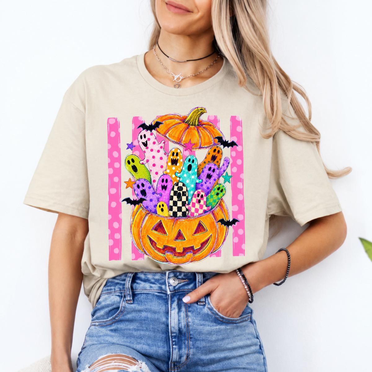 Cute Ghost Pumpkin Colorful Spooky Ghosts Sweatshirt and T-Shirt Halloween Fall Unisex Retro Cute