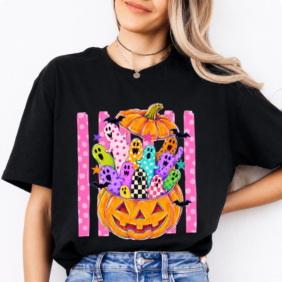 Cute Ghost Pumpkin Colorful Spooky Ghosts Sweatshirt and T-Shirt Halloween Fall Unisex Retro Cute