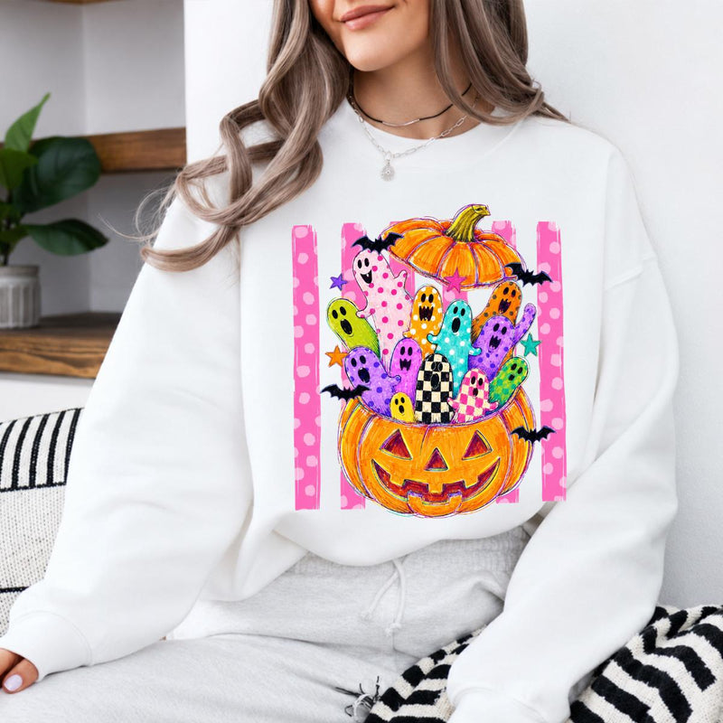 Cute Ghost Pumpkin Colorful Spooky Ghosts Sweatshirt and T-Shirt Halloween Fall Unisex Retro Cute