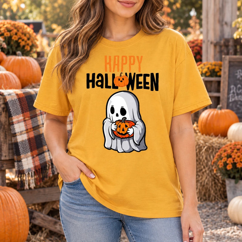 Cute Ghost Pumpkin Graphic Shirt Retro Spooky Season Fall Holiday Tee for Women