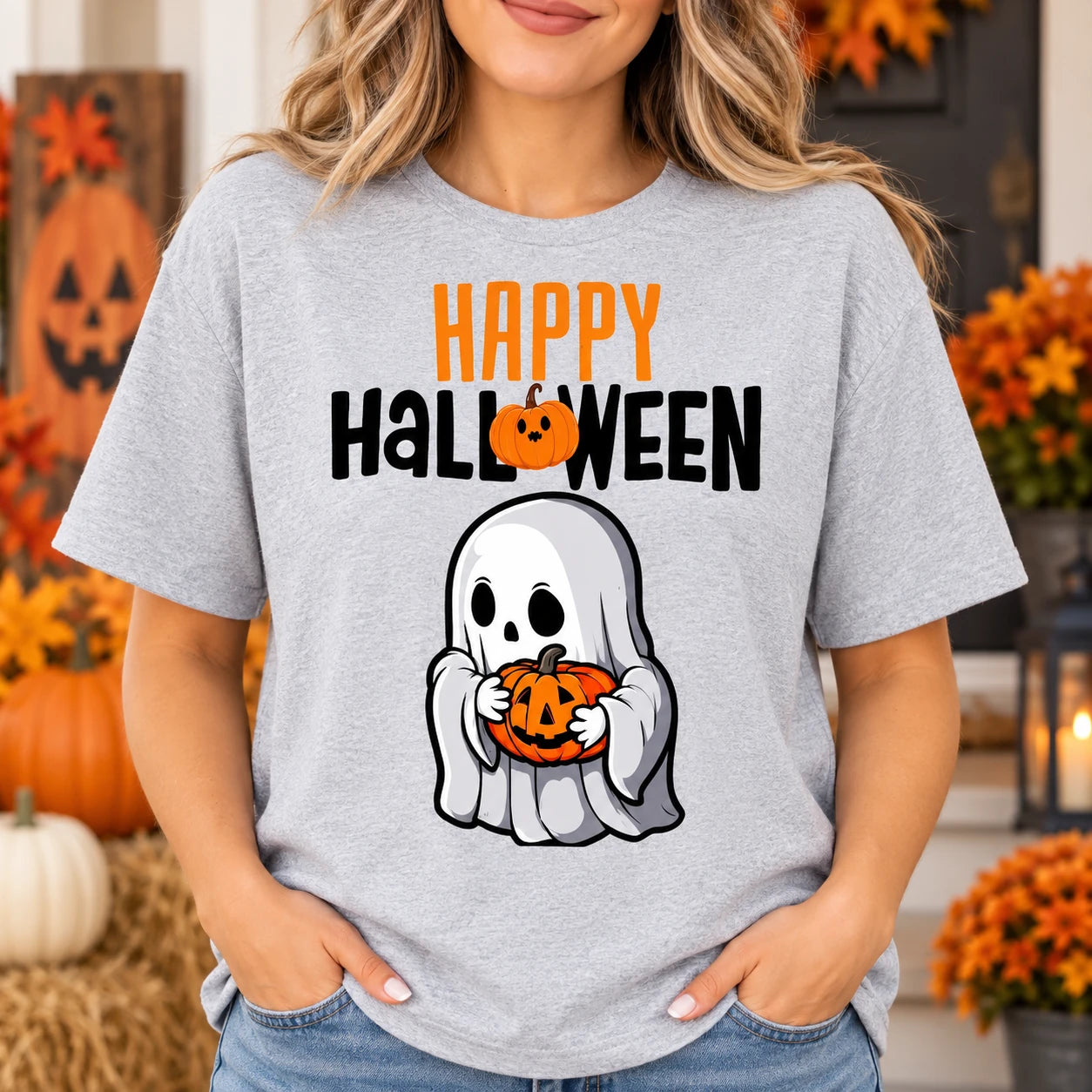 Cute Ghost Pumpkin Graphic Shirt Retro Spooky Season Fall Holiday Tee for Women