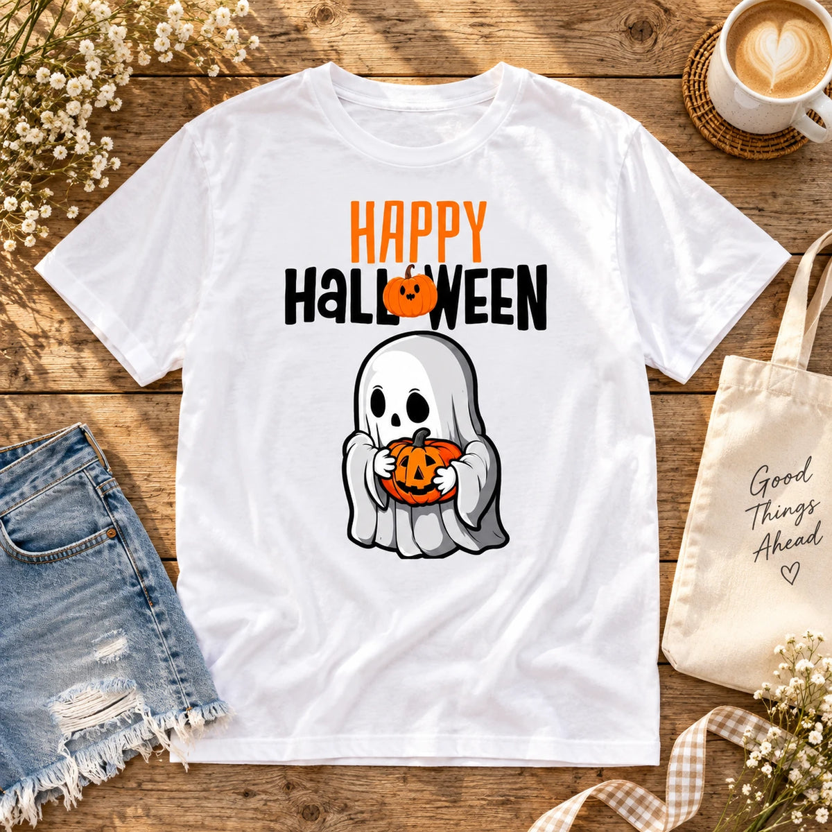 Cute Ghost Pumpkin Graphic Shirt Retro Spooky Season Fall Holiday Tee for Women