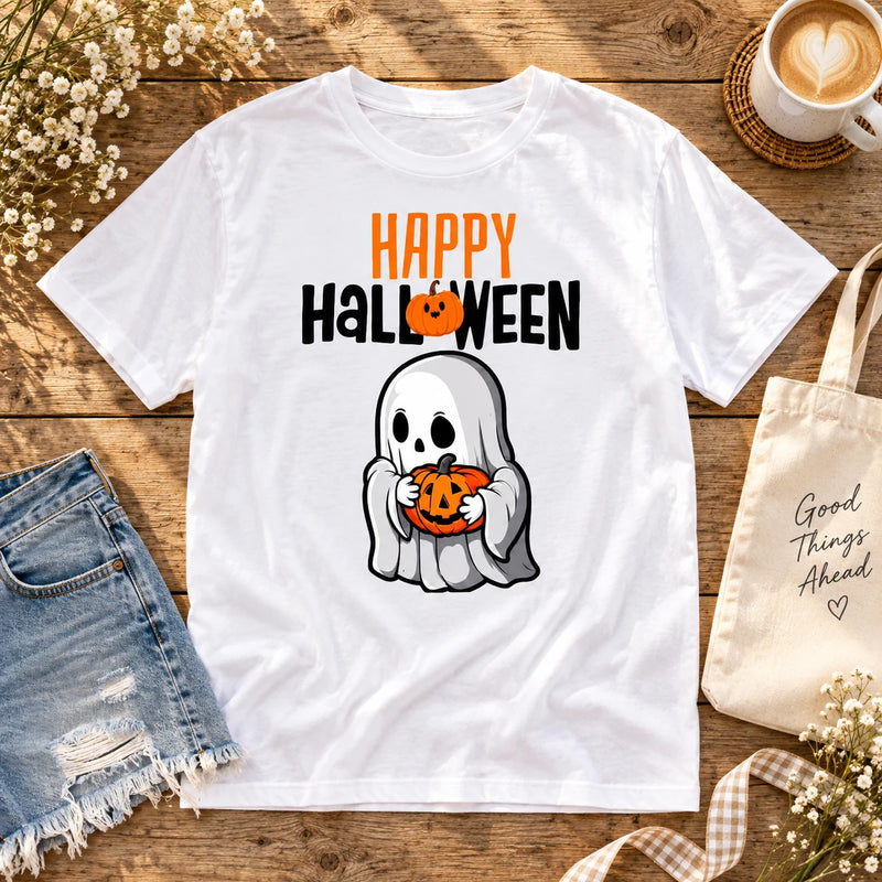 Cute Ghost Pumpkin Graphic Shirt Retro Spooky Season Fall Holiday Tee for Women