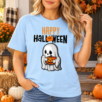 Cute Ghost Pumpkin Graphic Shirt Retro Spooky Season Fall Holiday Tee for Women