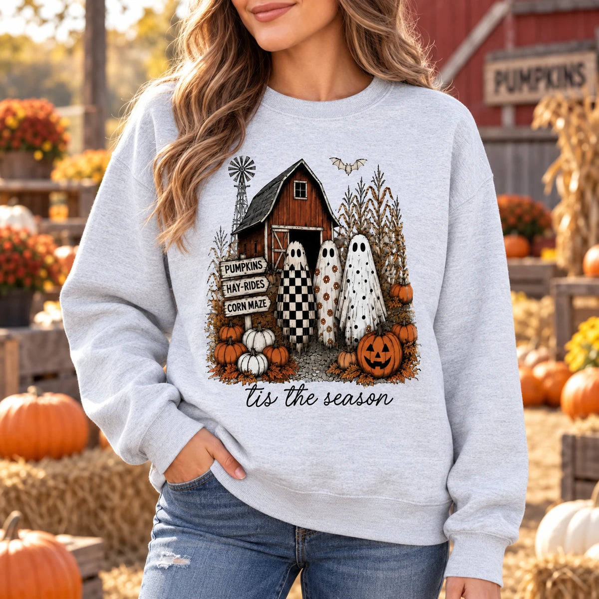 Cute Ghost Pumpkin Patch Graphic Sweatshirt & T-Shirt Retro Fall Farm Halloween Outfit