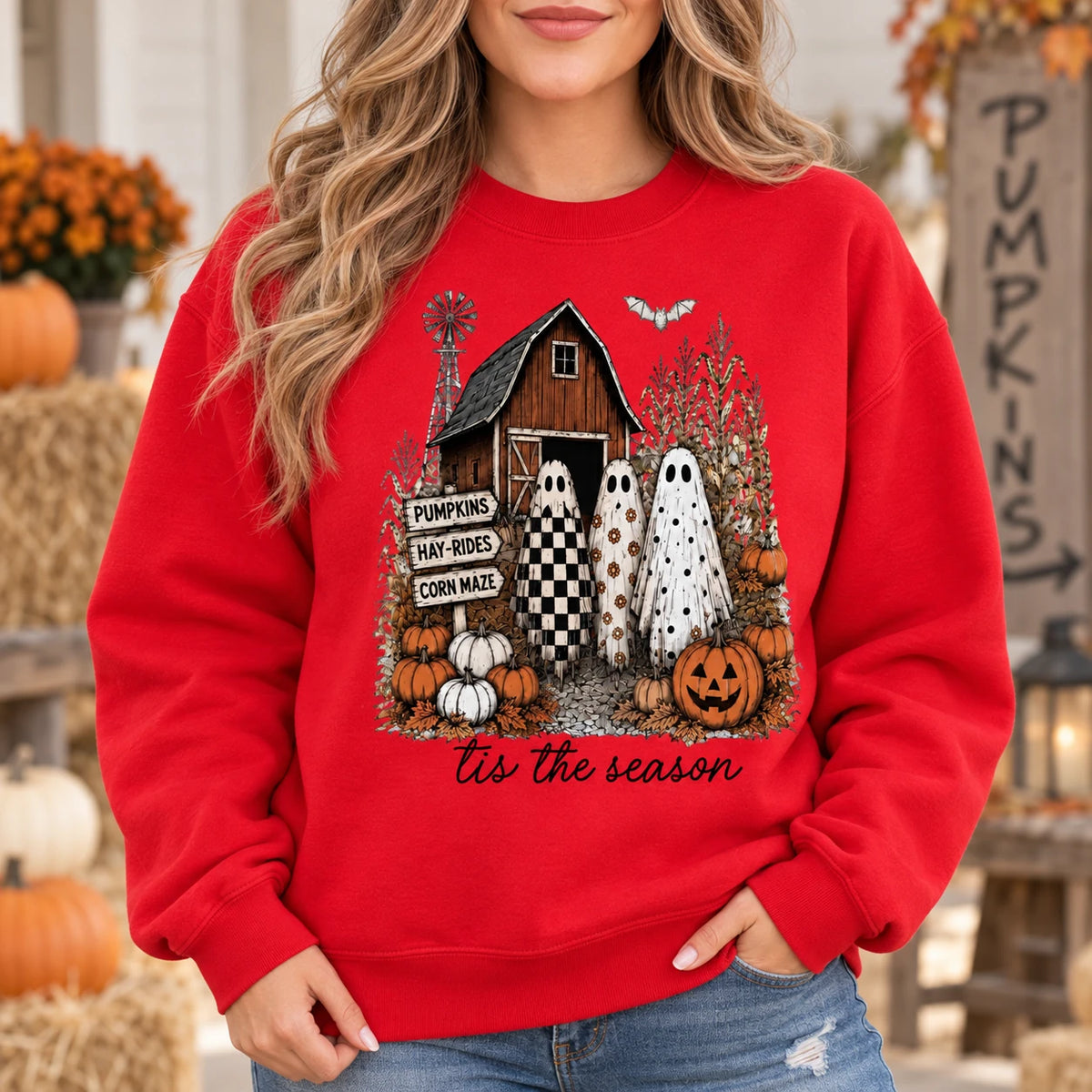 Cute Ghost Pumpkin Patch Graphic Sweatshirt & T-Shirt Retro Fall Farm Halloween Outfit