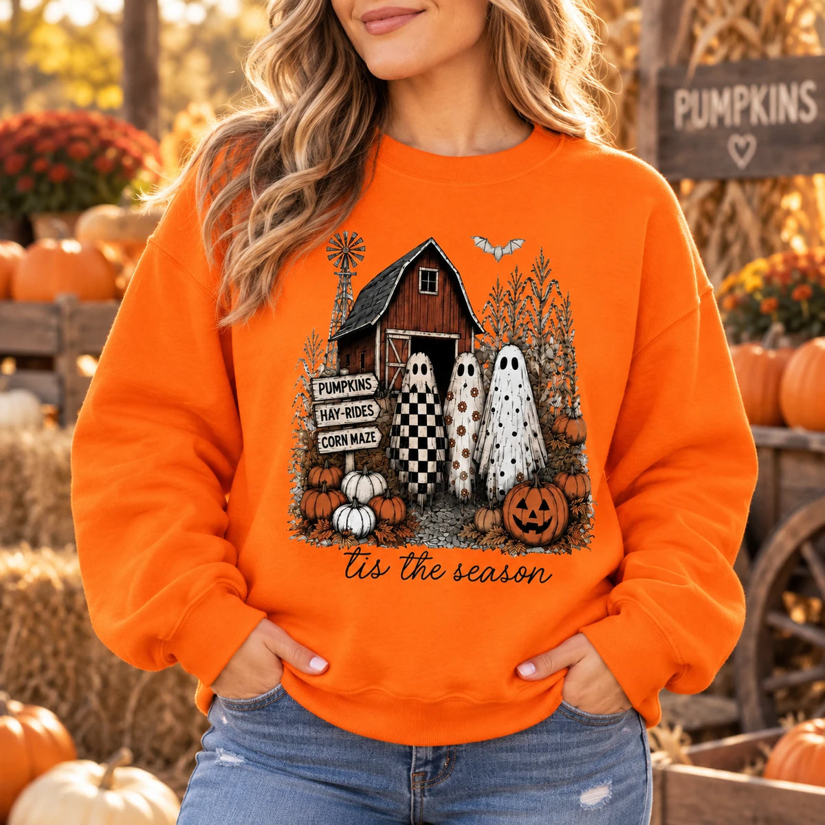 Cute Ghost Pumpkin Patch Graphic Sweatshirt & T-Shirt Retro Fall Farm Halloween Outfit