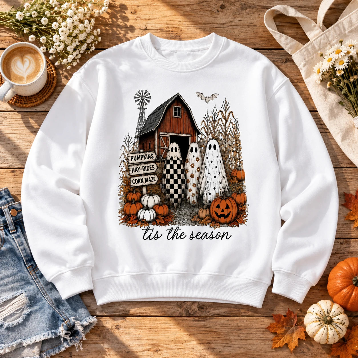 Cute Ghost Pumpkin Patch Graphic Sweatshirt & T-Shirt Retro Fall Farm Halloween Outfit
