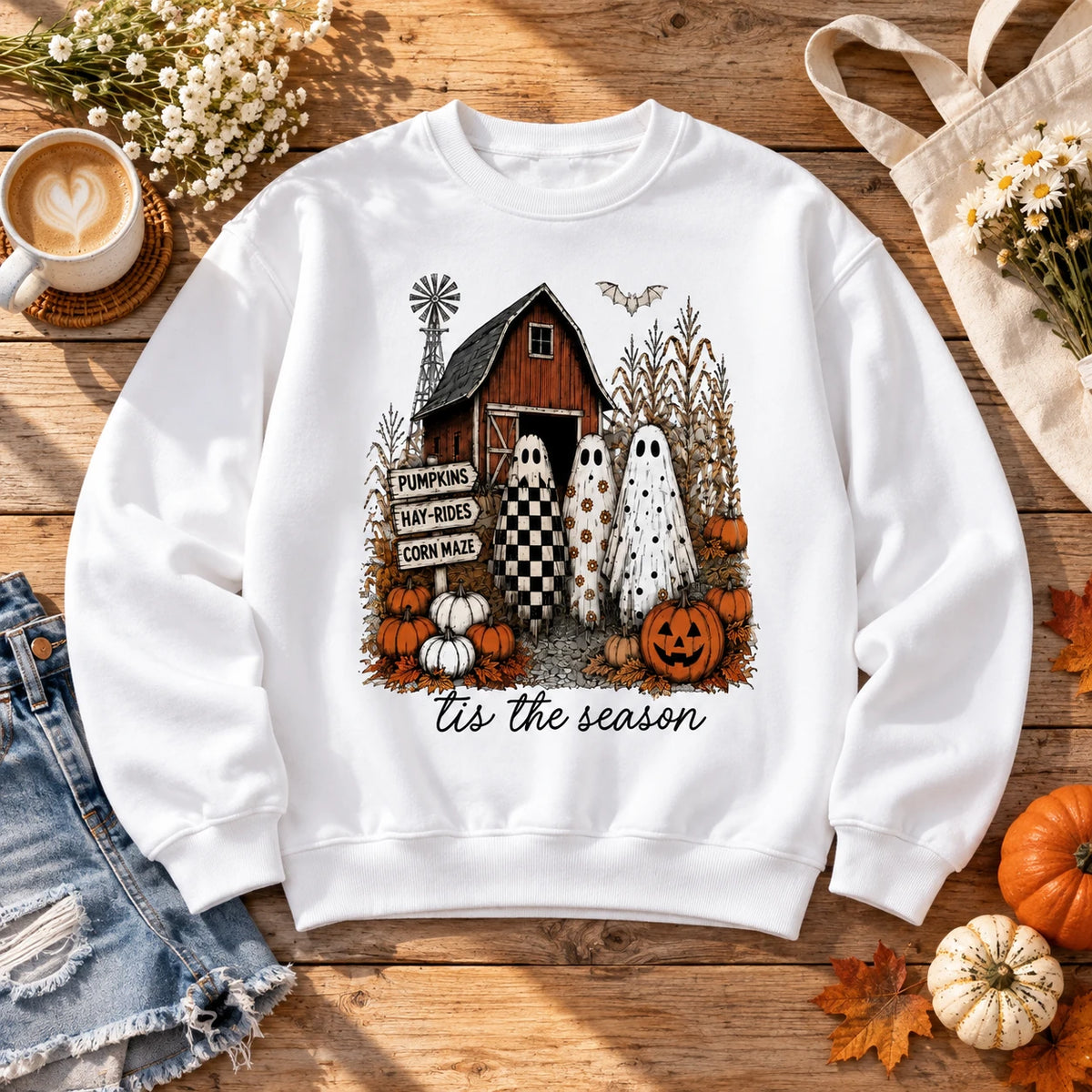Cute Ghost Pumpkin Patch Graphic Sweatshirt & T-Shirt Retro Fall Farm Halloween Outfit