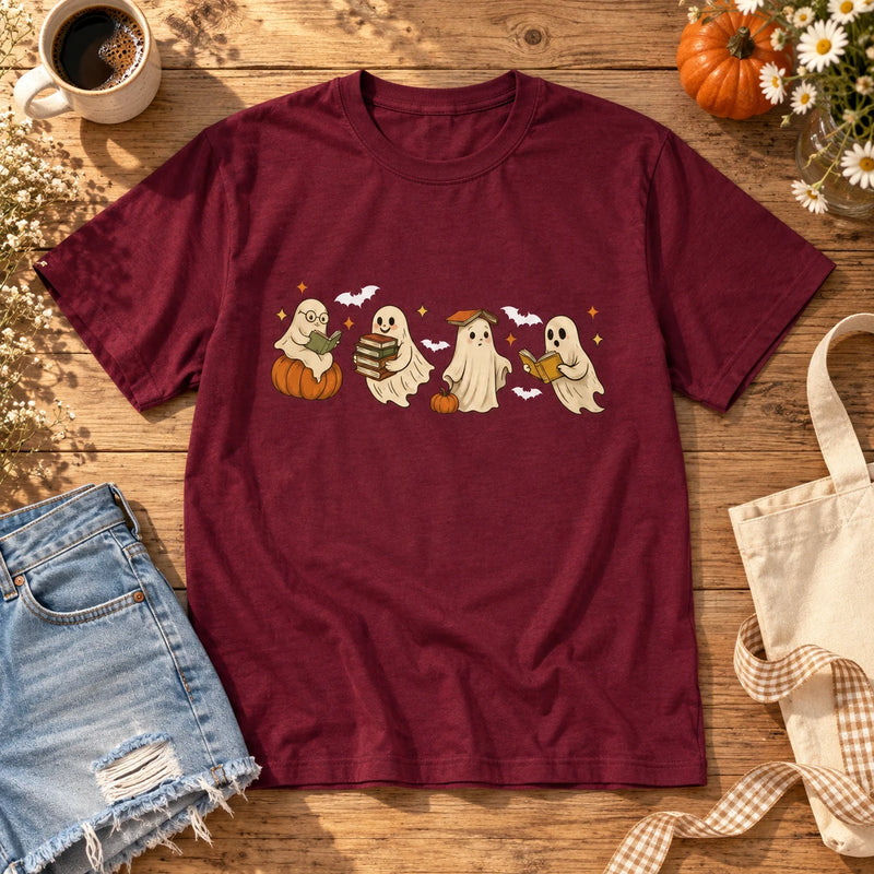 Cute Ghost Reading Book Graphic T-Shirt Halloween Bookish Fall Tee for Readers & Teachers
