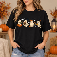 Cute Ghost Reading Book Graphic T-Shirt Halloween Bookish Fall Tee for Readers & Teachers