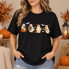 Cute Ghost Reading Book Graphic T-Shirt Halloween Bookish Fall Tee for Readers & Teachers