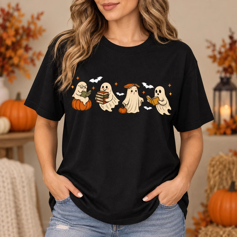 Cute Ghost Reading Book Graphic T-Shirt Halloween Bookish Fall Tee for Readers & Teachers