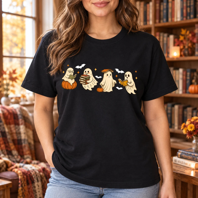 Cute Ghost Reading Book Graphic T-Shirt Halloween Bookish Fall Tee for Readers & Teachers