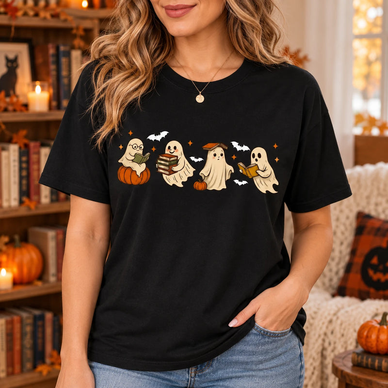 Cute Ghost Reading Book Graphic T-Shirt Halloween Bookish Fall Tee for Readers & Teachers