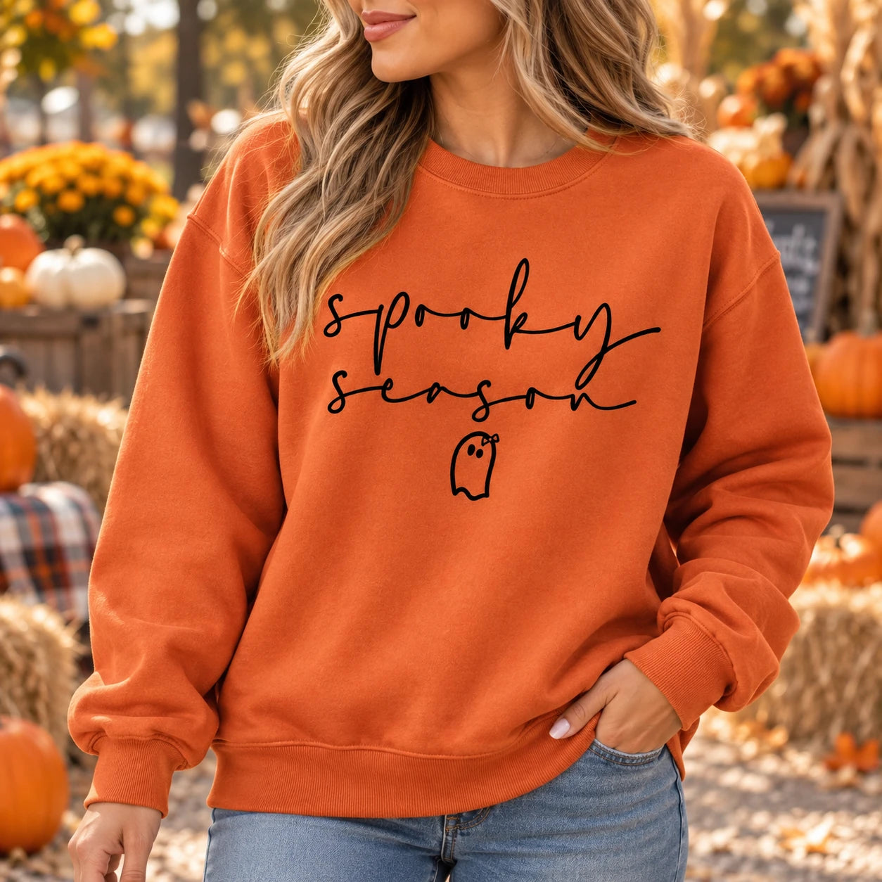 Cute Ghost Spooky Season Sweatshirt Women Minimalist Halloween Graphic Pullover Cozy Fall Aesthetic Crewneck