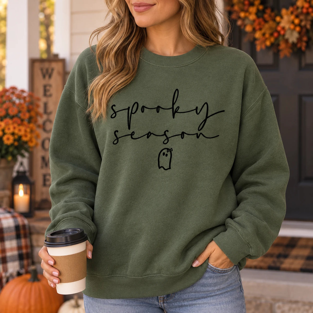 Cute Ghost Spooky Season Sweatshirt Women Minimalist Halloween Graphic Pullover Cozy Fall Aesthetic Crewneck