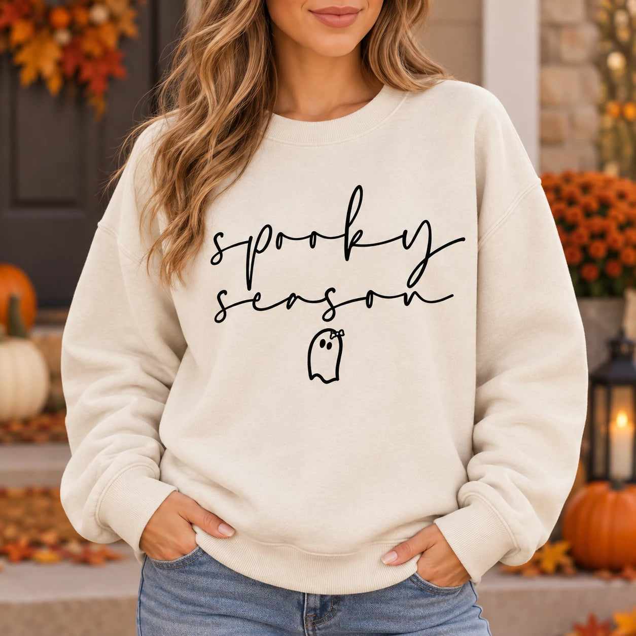 Cute Ghost Spooky Season Sweatshirt Women Minimalist Halloween Graphic Pullover Cozy Fall Aesthetic Crewneck